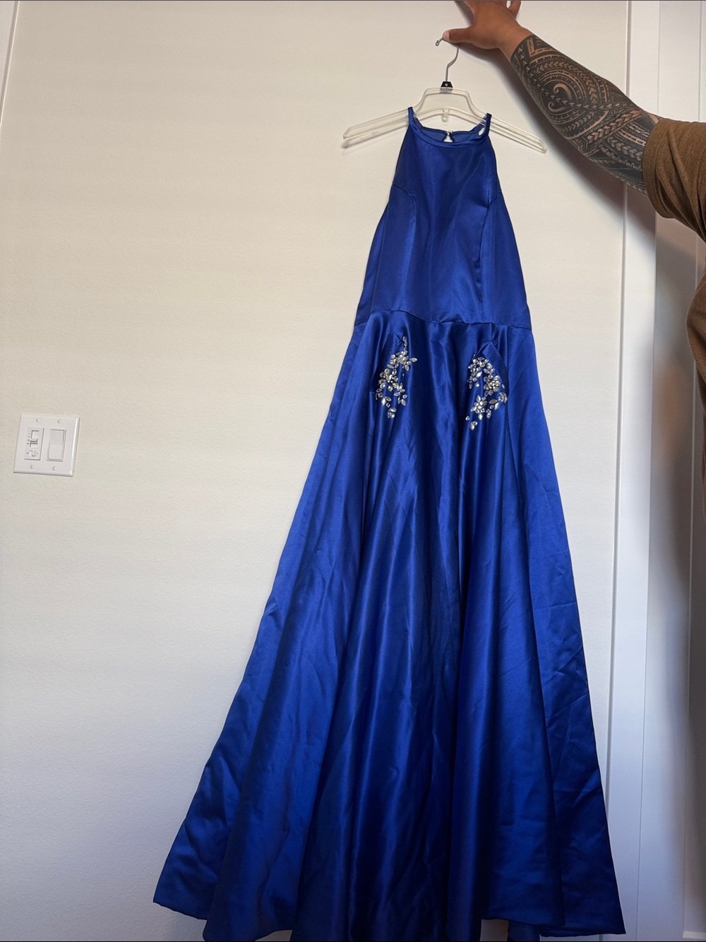 Royal Blue Halter Evening Gown with Beaded Accents